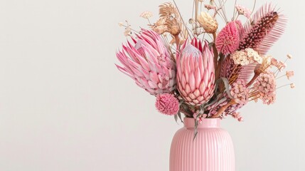 Gorgeous pink vase filled with a gorgeous arrangement of dried flowers, featuring pink King Proteas and Banksia captured in an image on white background.