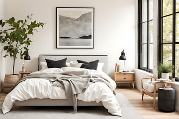 Scandinavian interior design of modern bedroom.	