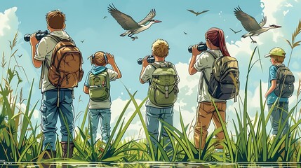 A group of children are looking at birds in the grass - Powered by Adobe