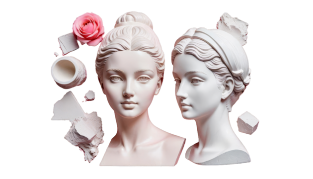 contemporary bright statue ad collage negative portrait plaster space design art colorful background model insert r conceptual pink female text fashion abstract party retro banner funny inspiration