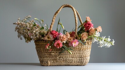 Fototapeta na wymiar Gorgeous straw bag adorned with carnation and hyacinth blossoms in season.