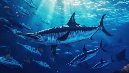 Fototapeta premium Giant Marlin fish in the ocean, beautiful view of marlin fish in the blue ocean