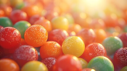 Colorful dew-kissed gumballs under morning sunlight