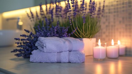 Cozy lavender spa setup with candles and plush towels