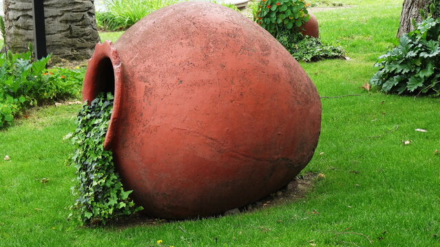C&aacute;ntaro de arcilla greda con Planta Paisajismo, ubicado en Parque Santa Rosa de Apoquindo, Santiago, Espuela de Gal&aacute;n, Tropaeolum majus L.