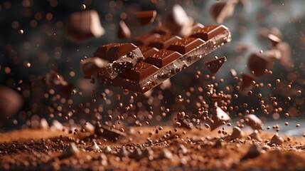 Dynamic chocolate explosion with floating chunks and dust