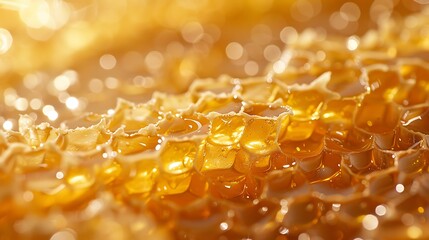 Golden honeycomb close-up with glistening droplets