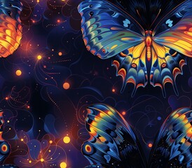 Naklejka premium A seamless psychedelic pattern with butterfly wings and bright florescent colors. 