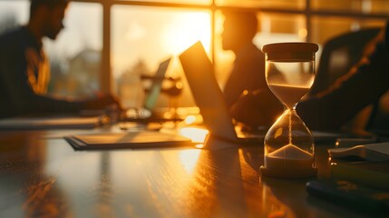 A man is typing on a laptop with a sand timer on the desk, generative AI