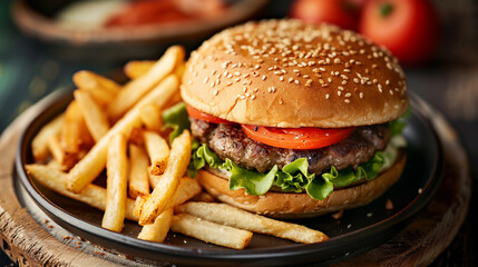 Delicious Hamburger with french fries, Fast Food looking delicious