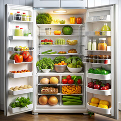 Open fridge stocked with fresh fruits and veggies for healthy cooking