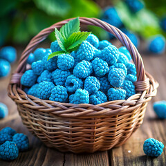 Aqua blue raspberries in a storage basket on a wooden table