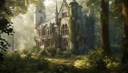 Fototapeta premium Gorgeous abandoned medieval mansion in a fairytale forest