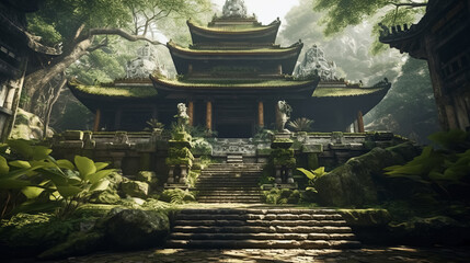 Old Asian temple in jungle, ancient oriental architecture