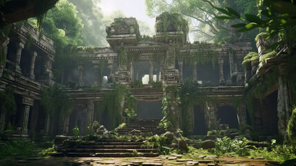 Old oriental temple ruins in jungle, ancient architecture, Surreal mystical fantasy artwork