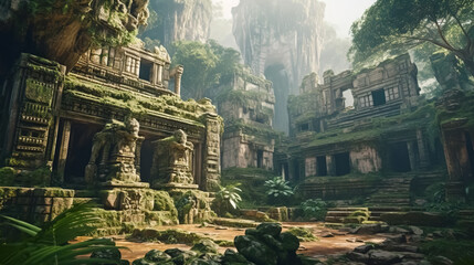 Fototapeta premium Temple ruins in fantasy mountains, old stone palace in jungle