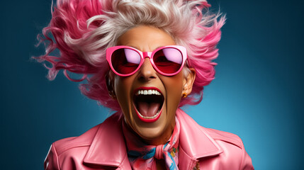 Exuberant Woman in Pink Shouting with Joy. Generative ai