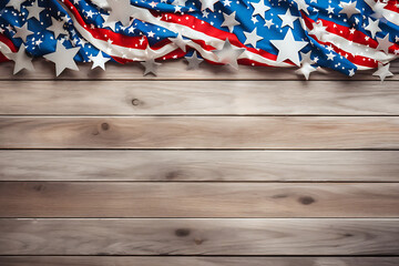 USA FLAGS with silver stars at the top of the compositions, light grey wooden background. 4th of July Presentation Background, Independence day presentation