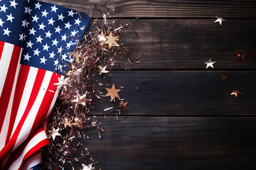 United States Flag with shiney stars on left side of the composition. Dark wood background. 4th of July Presentation Background, Independence day presentation