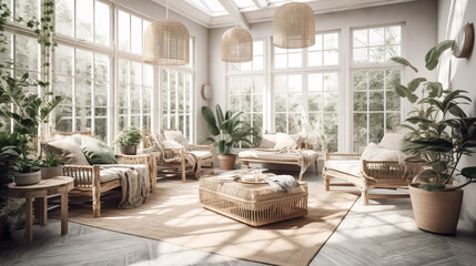 Bright and airy sunroom with wicker furniture and indoor plants