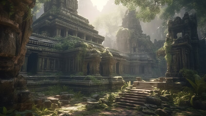 Fototapeta premium Temple ruins in fantasy mountains, old stone palace in jungle