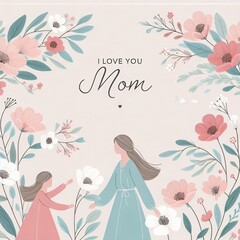 A mother with her daughter on a floral card with the phrase I LOVE YOU MOM - Simple and beautiful gift card for mothers