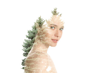 Double exposure of beautiful woman and trees on white background