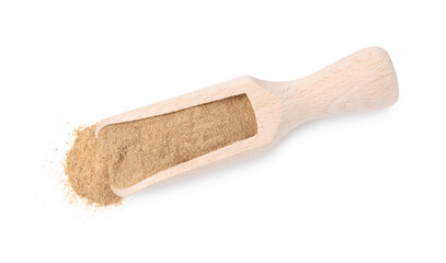 Dietary fiber. Psyllium husk powder in scoop isolated on white, top view