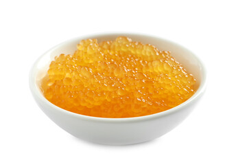 Fresh pike caviar in bowl isolated on white