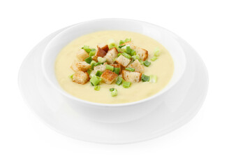 Tasty potato soup with croutons and green onion in bowl isolated on white