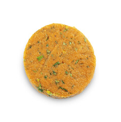 Uncooked carrot cutlet isolated on white, top view. Vegetarian product