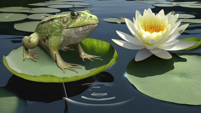 Green frog resting on vibrant water lily leaf in tranquil pond setting