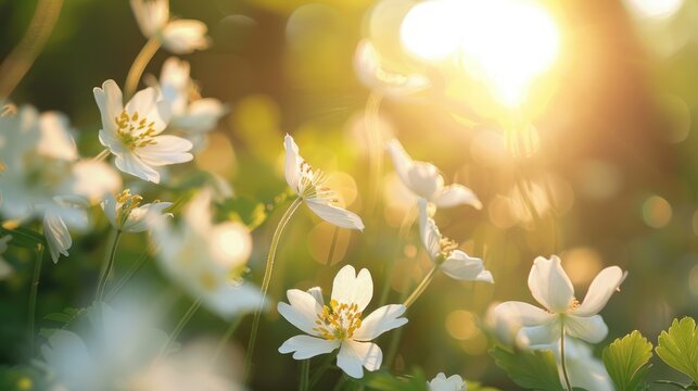 Close up view of spring flowers and sunlight in the natural environment