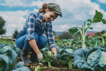 Focused young woman in a cap and plaid shirt is caring for cabbage plants in a lush garden, showcasing sustainable agriculture and local farming practices