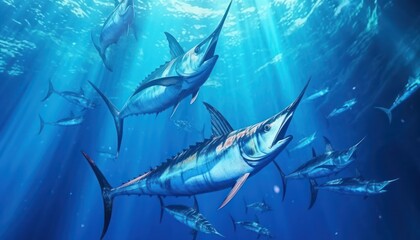 Naklejka premium Giant Marlin fish in the ocean, beautiful view of marlin fish in the blue ocean