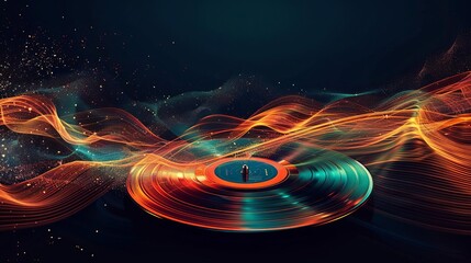 Exhibit a vintage jazz vinyl record spinning, colorful sound waves emanating from it, set on a background with space for advertising