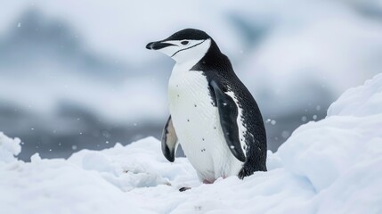 Fototapeta premium Chinstrap penguin standing on the snowy terrain of Antarctica