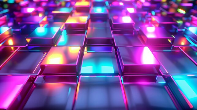 Abstract 3D background with iridescent, neon holographic squares emitting colorful light. Perfect for banners, posters, or covers