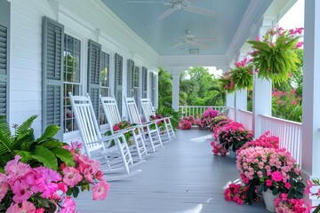 Fototapeta premium Traditional southern porch with white rocking chairs and ceiling fans