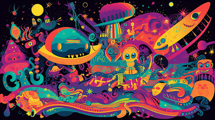 A playful pop art-inspired poster depicting an illustration of a cosmic carnival. The background is a swirling mix of neon colors and psychedelic patterns, reminiscent of a galaxy. Various space-theme