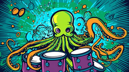 A bizarre pop art-inspired poster featuring an illustration of a quirky octopus playing the drums. The background is a bright blue and green, with bold colors and a playful vibe. The octopus wears sun