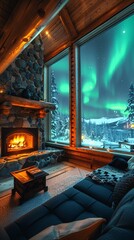 A beautiful cabin in the snowy landscape with a view of the Northern Lights from inside. 