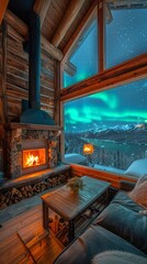 A beautiful cabin in the snowy landscape with a view of the Northern Lights from inside. 
