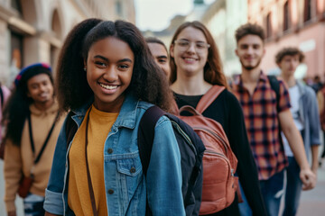 Fototapeta premium Group of diverse friends enjoying a walk through city streets, with a focus on a happy young woman looking at the camera, exemplifying youth, friendship, and urban lifestyle