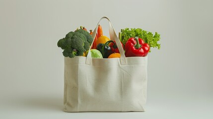 white shopping bags on a simple white background. The cloth bags contain fresh fruits and vegetables and kitchen staples. Emphasize the importance of the survival items the bag provides.