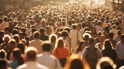 Obraz premium Throng of anonymous city dwellers commutes during rush hour, bathed in the golden glow of evening sunlight, reflecting the hectic pace of urban life