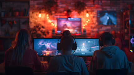 Immersive LAN Party Gaming Setup: Friends Unite for Overnight Gaming Marathon at Local Area Network LAN Party, Photo Realistic Concept