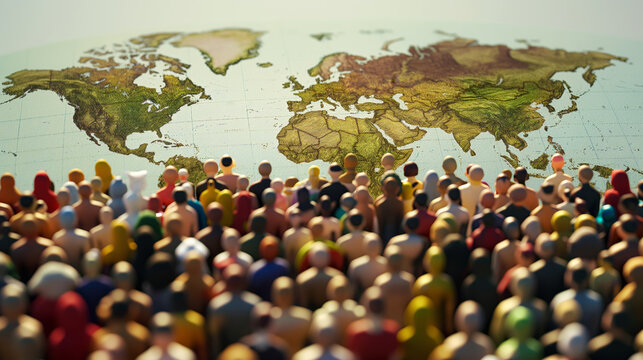 Conceptual image of a diverse group of miniature figures standing in front of a large, detailed world map, symbolizing global unity, population distribution, and international collaboration