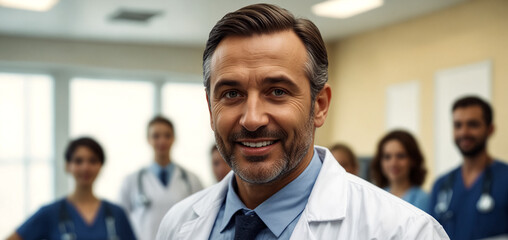 A Male Doctor in the Hospital with his Teammates.