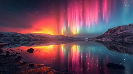 A beautiful snowy mountain landscape with the night sky lit up with the Aurora Borealis. 